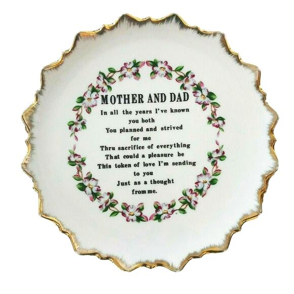 Tribute to Mother Dad Floral Plate Wall Hanging 7" VTG Retro Parent Gift Poem - Picture 1 of 10